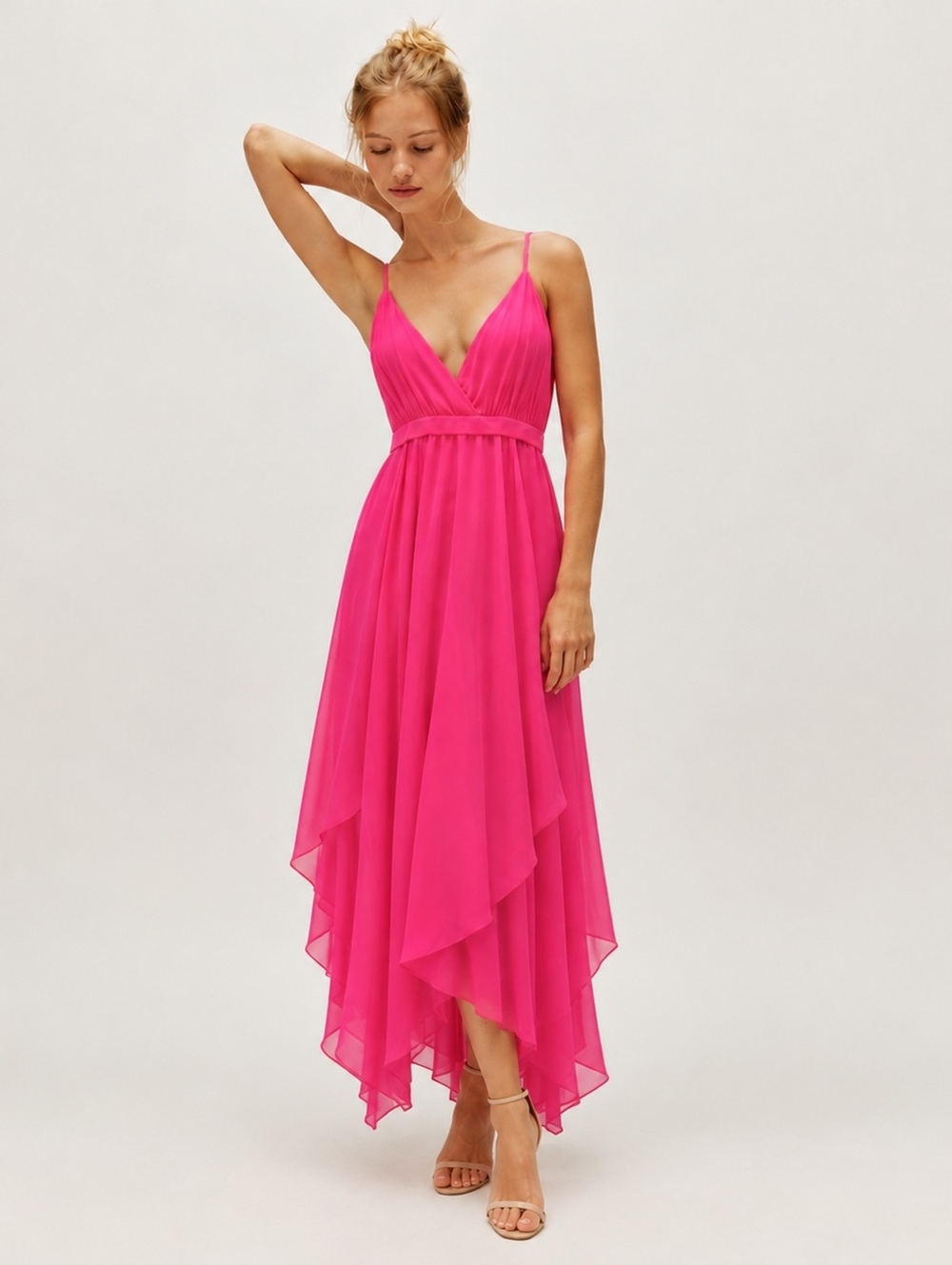 SINGLE Los Angeles Arwin Dress Hot Pink Chiffon High Low Maxi Dress M NWT